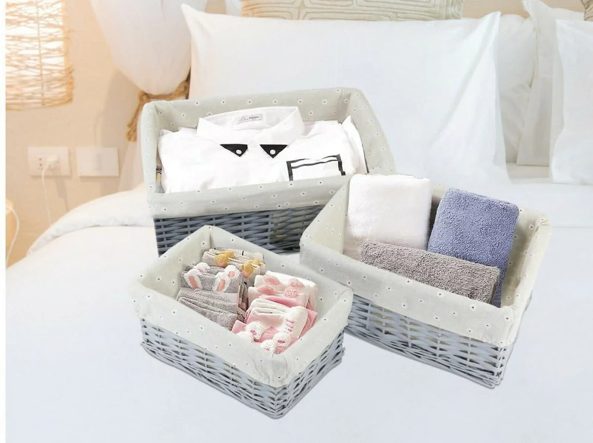 3pc Wicker Storage Baskets Set (Grey & Khaki Lining)