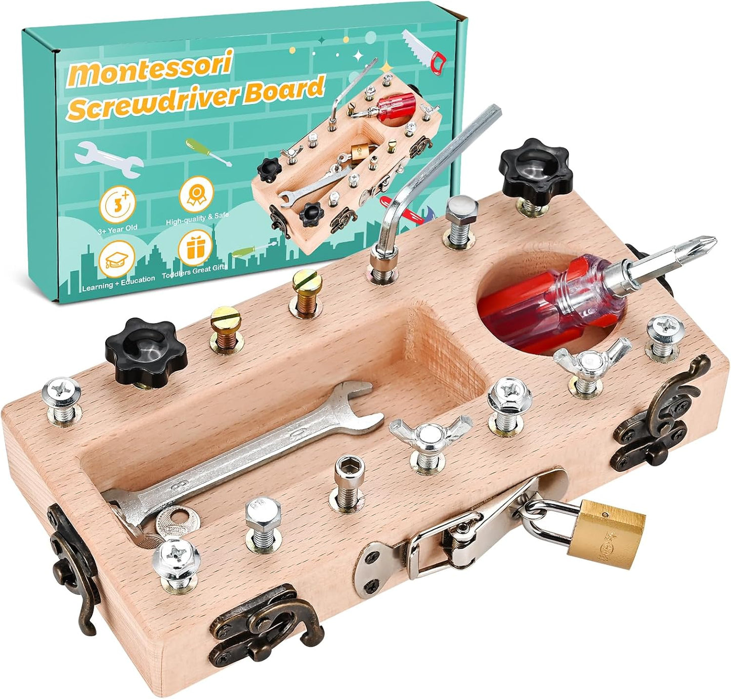 Sensory wooden tool set with lock and key