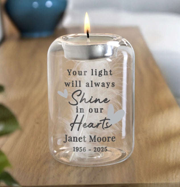 Personalised Loved Ones Memorial Feather Tealight Holder