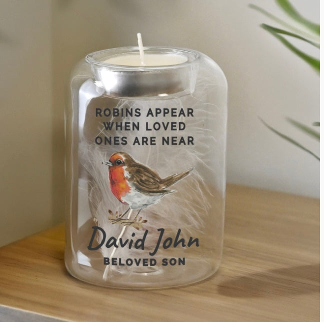 Personalised Loved Ones Memorial Feather Tealight Holder