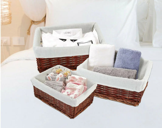 3pc Wicker Storage Baskets Set (Brown & White Lining)