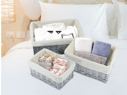 3pc Wicker Storage Baskets Set (Grey & Khaki Lining)
