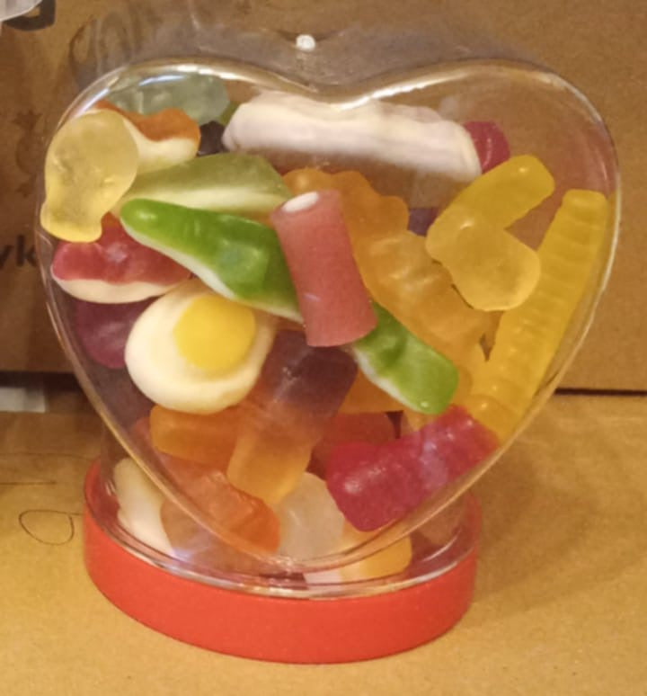 Heart filled sweet jar with pink sweets mix (photo as example)