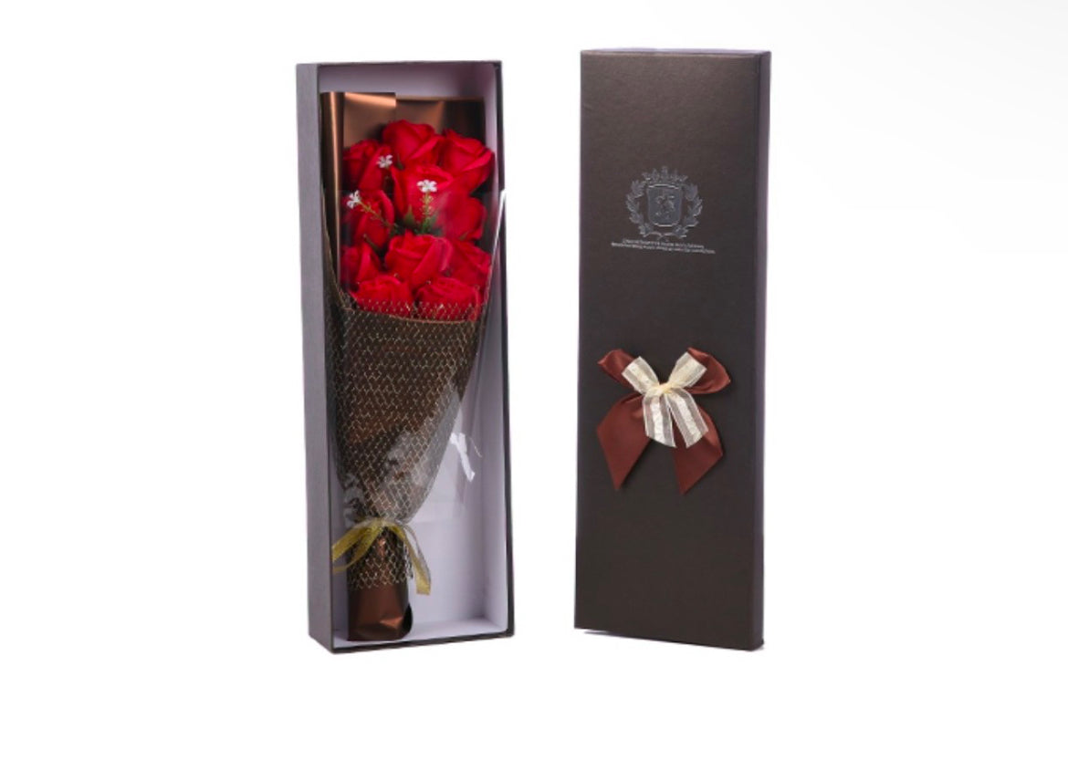 Boxed Wrapped Red Soap Flowers Rose Bouquet