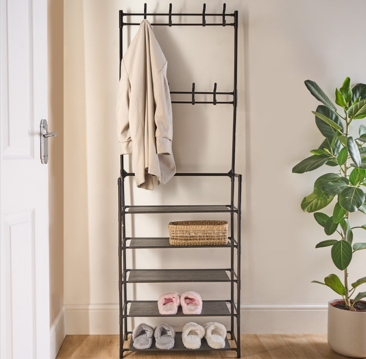 16 Hook Garment Rack with Shelving - Black