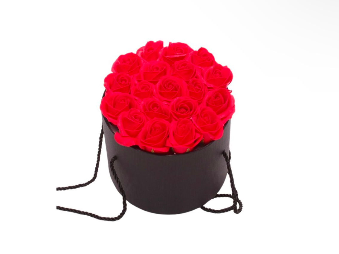 Black Hat Box with Red Soap Flower Roses