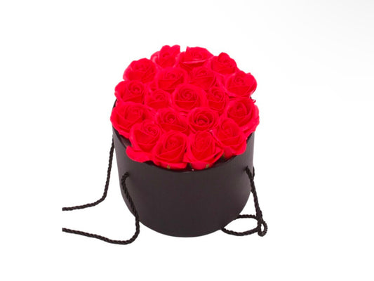 Black Hat Box with Red Soap Flower Roses