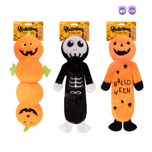 PUMPKIN & SKULL HALLOWEEN PLUSH DOG TOY WITH SQUEAK