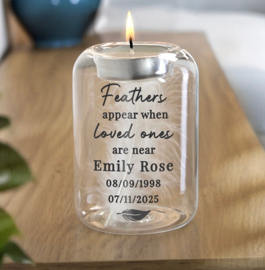 Personalised Loved Ones Memorial Feather Tealight Holder