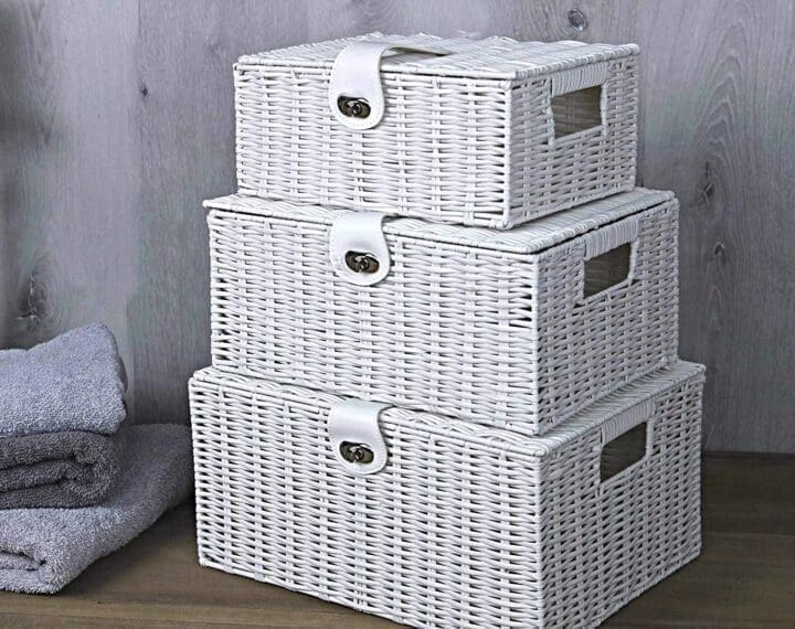 Set of 4 White Wicker Baskets for Storage and Hampers